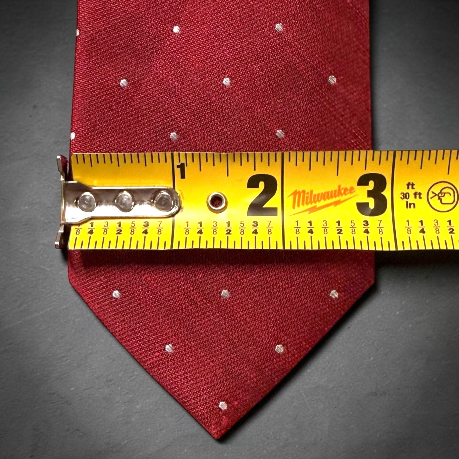 Tie Bar Necktie Mens Red White Polka Dot Skinny Silk Linen Blend Size 58” — image 8 of 8